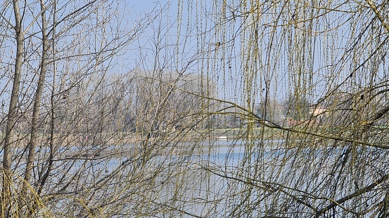 Mantova, Italy - March 04, 2023: Beautifull landscape from the lake Mencio, near the city of Mantova. Calm and clear waves in winter.