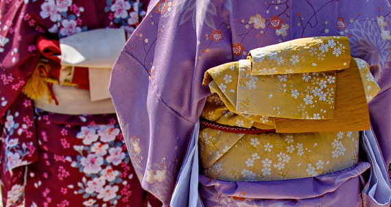 Close up on a traditional floral kimono bow (obi sash), Kanazawa, Japan