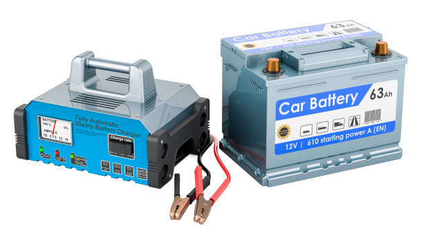 istock Car battery with battery charger, 3D rendering 1489987882