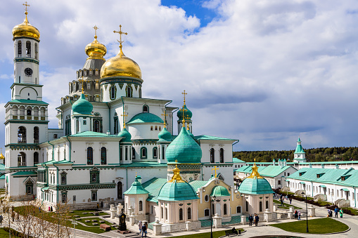 Istra, Russia - May 7, 2023: Underground Church of Constantine and Helena and building of Resurrection Cathedral of New Jerusalem Monastery near Istra town in Moscow Region of Russia