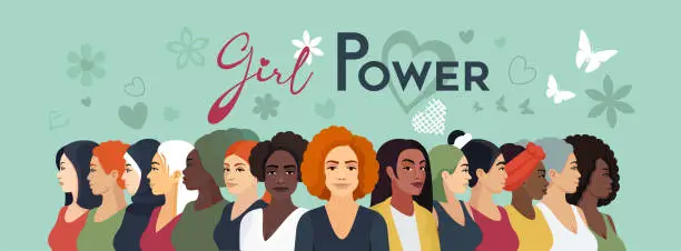 Vector illustration of Girl Power. Multi-ethnic group of beautiful women with hair and skin color. The concept of women, power, femininity, diversity, independence and equality.