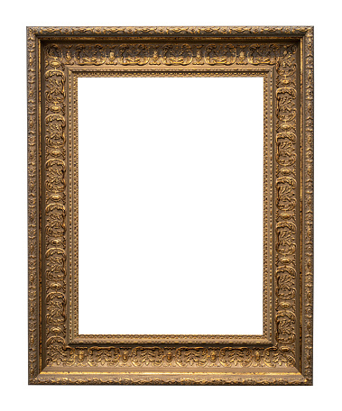 old vertical carved wide golden picture frame isolated on white background with cut out canvas