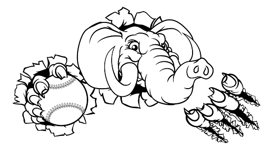 An elephant baseball or softball sports animal mascot holding a ball and breaking through the background