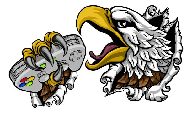 Vector illustration of Bald Eagle Hawk Gamer Video Game Controller Mascot