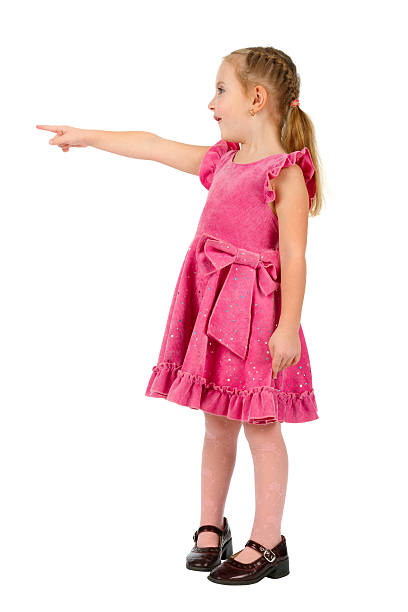 istock girl pointing  and looking upwards on white 149000088