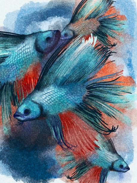istock Red and blue aquarium fishes. Watercolor. 1490001889