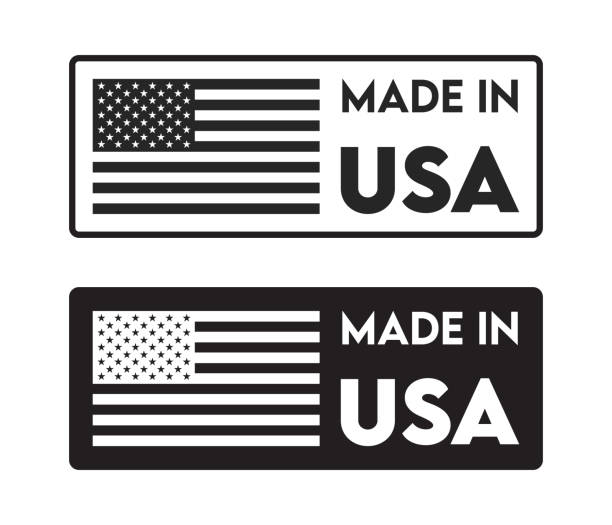 made in usa-abzeichen mit usa-flaggenelementen, us-symbol mit amerikanischer flagge. schwarz-weiß-vektorillustration - usa made in the usa industry striped stock-grafiken, -clipart, -cartoons und -symbole