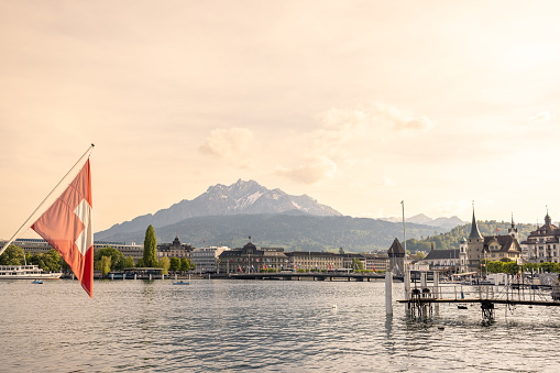 Aerial view of Lucerne lake with Pennine Alps from mount Rigi