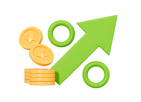 3D Green arrow percent with stack coin. Bank credit concept. Interest rate. Financial saving rising. Money inflation and tax. Cartoon creative design icon isolated on white background. 3D Rendering