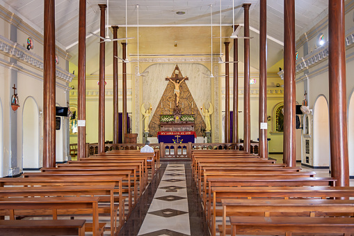 Church Nossa Senhora Dajuda, in Ilha Bela, north coast of Sao Paulo, adorned with flags typical of the June Festivals. Brazil