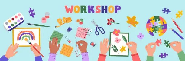 Vector illustration of Creative workshop. Top view of the table with kids hands doing handmade craft work. Sewing, drawing, herbarium, picking up puzzles.