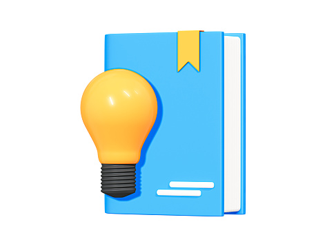 3D Book with lightbulb. Power of knowledge. Ideas and education tips. Create solution and innovation. Study guides concept. Cartoon creative design icon isolated on white background. 3D Rendering