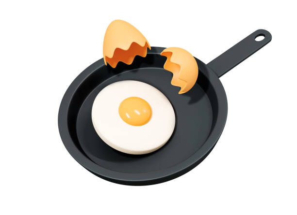 3D Cracking egg into frying pan. Cooking breakfast. Realistic fried egg emoji. Healthy morning meal. Omelet on skillet. Cartoon creative design icon isolated on white background. 3D Rendering