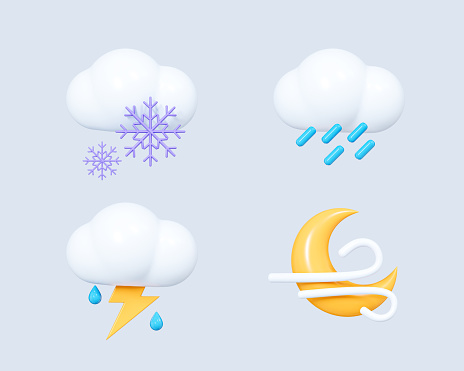 3D Weather set icon. Cloud with snowflake, rain, lightning and moon with wind. Meteo forecast graphic symbol for app and web. Cartoon creative design icon isolated on blue background. 3D Rendering