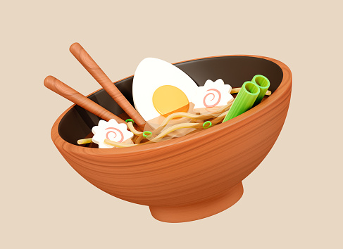 3D Ramen asian noodle soup with chopsticks, egg and seaweed in wooden bowl. Japanese lunch or dinner. Delicious food illustration. Creative realistic design isolated on background. 3D Rendering