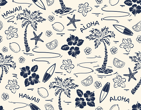 Summer Vibes with Island tropical , Ocean and sail boat , Hibiscus Flower Seamless pattern Vector Illustration ,Design for fashion , fabric, textile, wallpaper , wrapping and all prints