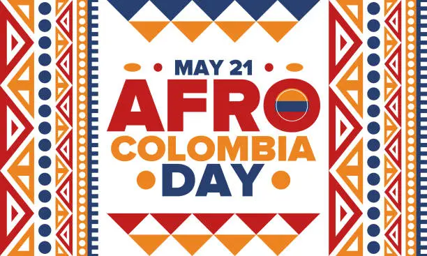 Vector illustration of Afro-Colombian Day in Colombia. Celebrate annual in May 21. Freedom day poster. National holiday. Colombian flag. Afro-Colombian culture, history and heritage. Tradition pattern. Vector illustration
