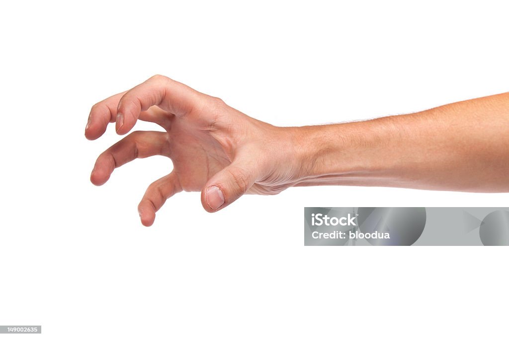 Male hand reaching for something on white Well shaped male hand reaching for something isolated on a white background Gripping Stock Photo
