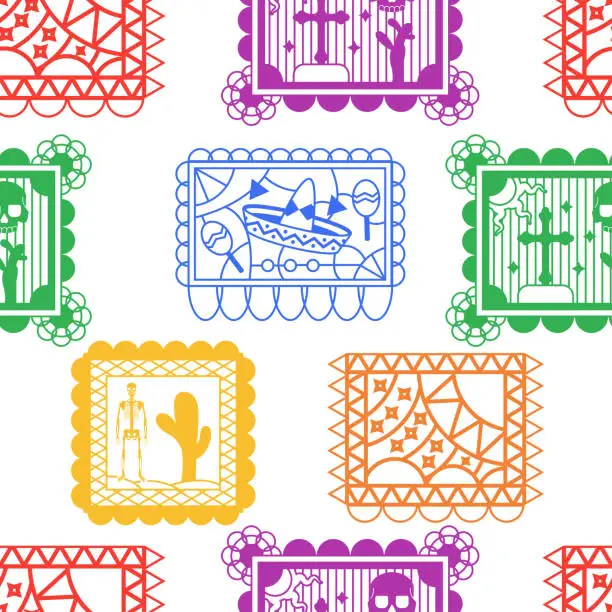 Vector illustration of Papel picado vector cartoon seamless pattern background for wallpaper, wrapping, packing, and backdrop.