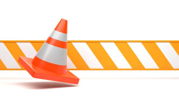 istock Traffic cone with yellow and white striped warning banner 1490029897