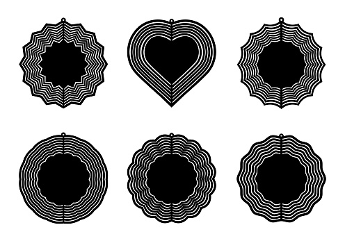 Wind Spinner template set isolated on white, vector silhouette design of spin yard decorations for sublimation. Garden decor blank circle, heart and floral shapes.