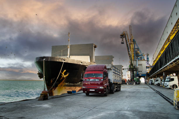 Loading grain into sea cargo vessel in commercial port.