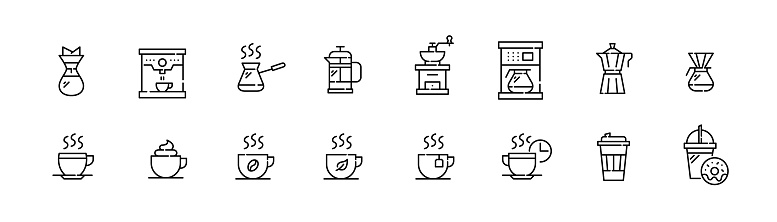 Coffee shop. Types of coffee drinks coffee making technics. Pixel perfect, editable stroke icons set