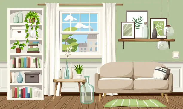 Vector illustration of Living room interior with green walls, a sofa, a bookcase, and houseplants. Cartoon vector illustration