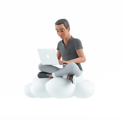 3d character man sitting on cloud and using laptop, illustration isolated on white background