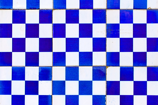 Weathered clean tile pattern Blue and White, close-up view. Tiled Floor, Chess, Flooring,