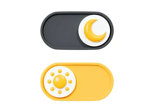 3D Day and night mode switch icon set. On Off or Light and Dark toggle buttons. Daymode and nightmode. Mobile app interface. Cartoon creative design icon isolated on white background. 3D Rendering