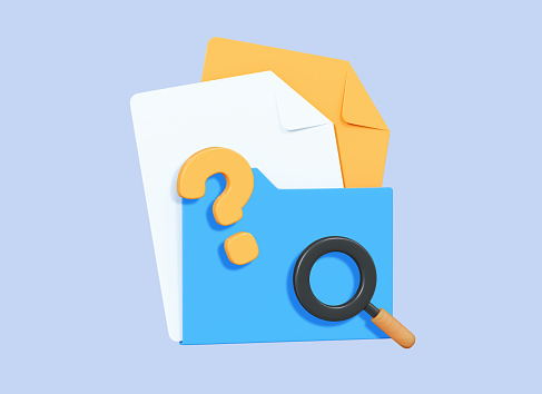 3D Folder with paper documents, question mark and magnifier. Search information in storage. FAQ concept. Lost file. Cartoon creative design icon isolated on blue background. 3D Rendering