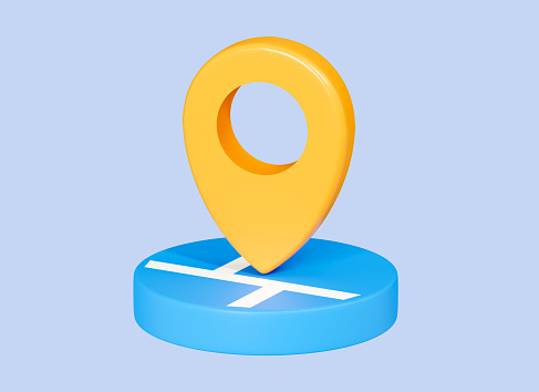 3D Location map with pin marker. Navigation point. Travel and tourism banner. GPS direction pointer concept. Cartoon creative design illustration on blue background. 3D Rendering