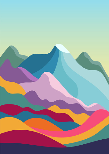 Colorful landscape with colorful mountains in minimalist style.
