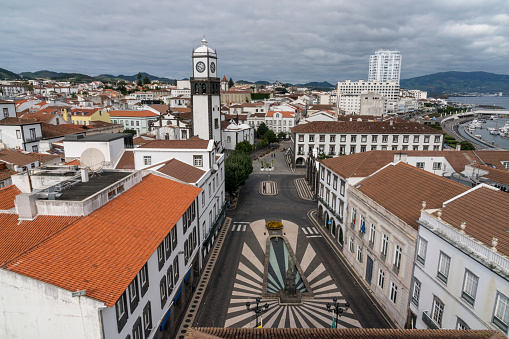 High angle view of Ponta Delgada, main square, harbor in distance, Sao Miguel, Azores