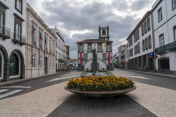 istock Ponta Delgada City Hall, flowers in front view 1490048567
