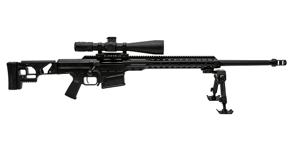 Modern powerful large-caliber tactical sniper rifle with a telescopic sight mounted on a bipod. A bolt action weapon. Long range rifle. Isolate on a white background.