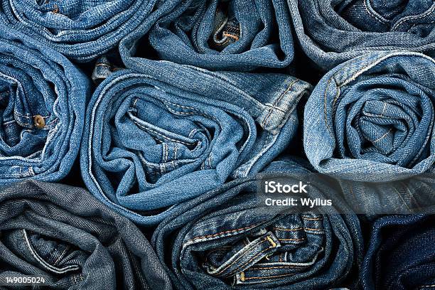 Stack Of Blue Jeans Stock Photo - Download Image Now - Blue, Canvas Fabric, Casual Clothing