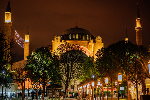 Hagia Sophia or Ayasofya Mosque in Istanbul at night, Turkey