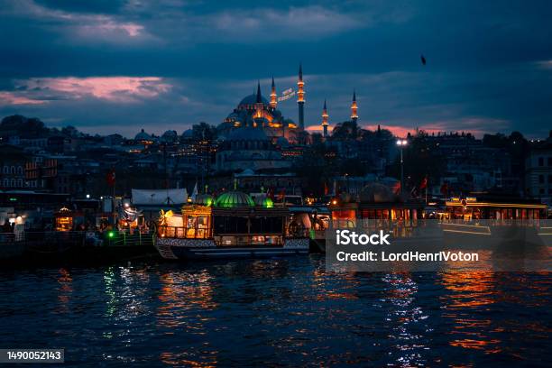 View Of Yeni Cami Mosque At Night Istanbul Stock Photo - Download Image Now - Architectural Dome, Architecture, Bridge - Built Structure