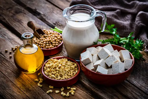 Close up view of a variety of soy products like milksoy, soy beans, textured soy, tofu and soy oil. shot on rustic wooden table. This type of food is very appreciated as meat substitute due it's high protein content. Plant-based nutrition concept. High resolution 42Mp studio digital capture taken with Sony A7rII and Sony FE 90mm f2.8 macro G OSS lens