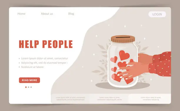 Vector illustration of Help people. Landing page template. Female hands holding glass jar with red hearts. Give and share your love. Support and hope for homeless and poor people. Vector illustration in cartoon style