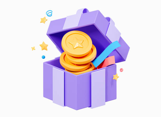3D Loyalty program concept. Open gift box with coin. Win in game or casino. Surprise point. Special offer for Birthday. Cartoon creative design icon isolated on white background. 3D Rendering concepto de programa de fidelización 3d. abra la caja de regalo con moneda. gana en el juego o en el casino. punto sorpresa. oferta especial para cumpleaños. icono de diseño creativo de dibujos animados aislado sobre fondo blanco. renderizado 3d