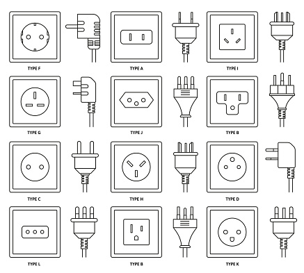 AC sockets with power plugs. Outlet and connector types from different countries around the world, electrical power point and charge cable vector line icons set. Charging household appliance