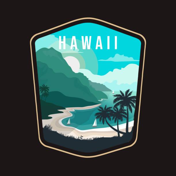 Beautiful Hawaii beach poster design illustration, seascape, surf, adventure poster