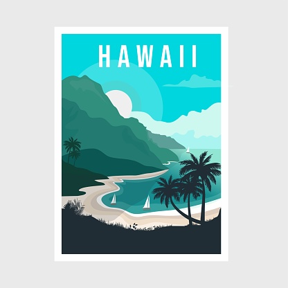 Beautiful Hawaii beach poster design illustration, seascape, surf, adventure poster