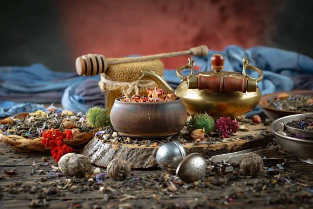 istock Dried tea leaves on an old background. 1490069666