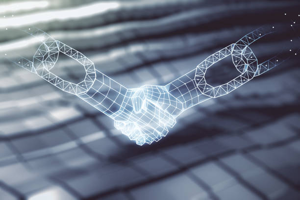 istock Abstract virtual blockchain technology hologram with handshake on blurry abstract metal background. Digital money transfers and decentralization concept. Multiexposure 1490070103