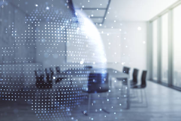 Abstract creative digital world map on a modern coworking room background, globalization concept. Multiexposure