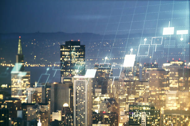 Multi exposure of virtual creative financial chart hologram on San Francisco skyscrapers background, research and analytics concept